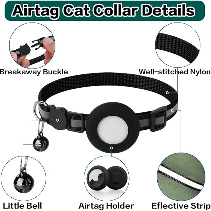 Airtag Cat Collar Breakaway, Reflective Kitten Collar with Apple Air Tag Holder and Bell for Girl Boy Cats, 0.4 Inches in Width and Lightweight(Black)