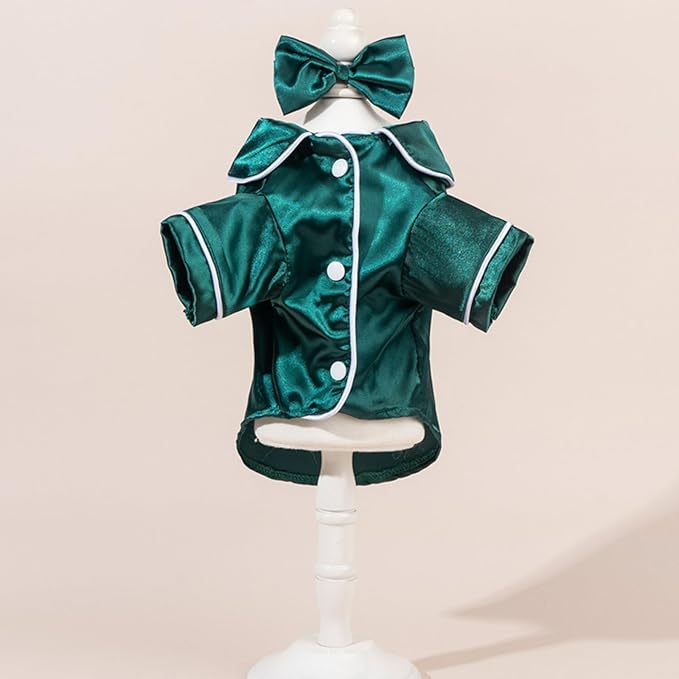 Cat Puppy Costume Elegant Satin Pajamas with Bow Headband 2PCs Set Pet Sleepwear Cute Pet Outfit Cosplay Partywear Photoshoots (Green Set,X-Small)