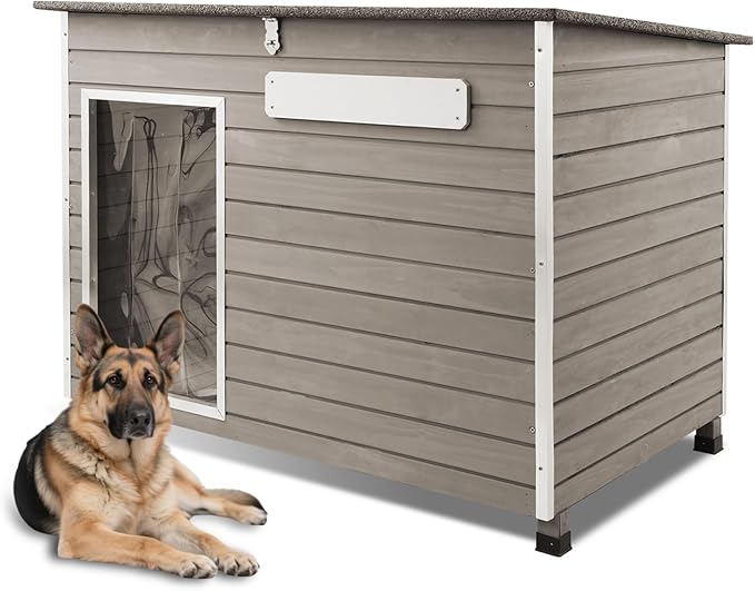 Large Wooden Dog House Outdoor, XL Weatherproof Dog Houses with Adjustable Vent Windows, Alloy Chew-Resistant Frame, Removable Floor for Medium & Large Dogs (43.3" Lx26.4 W x33.7 H)