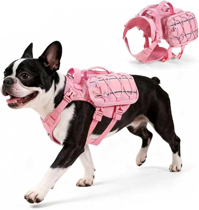 Small Dog Harness Backpack, No Pull Adjustable Dog Vest with Handle & Leash Ring, Lightweight Dog Backpack with Side Pockets for Walking, Training & Day Hikes, Pink, S