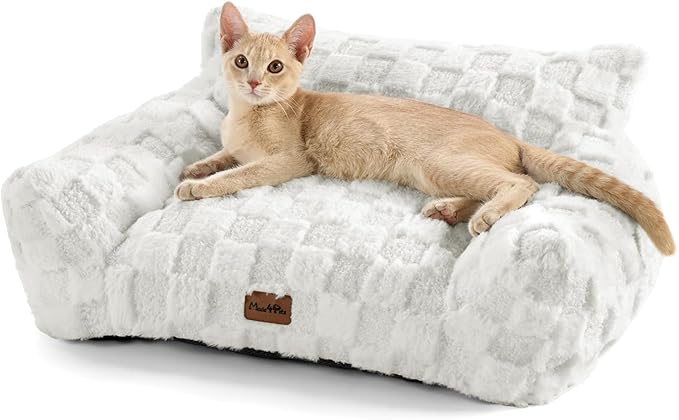 Made4Pets Cat Beds for Indoor Cats, Cat Couch Bed, Soft Faux Fur Checkered Pet Sofa, Calming Fluffy Kitten Sofa with Supportive Foam, Removable Washable Cover with Non-Slip Base, White, Small