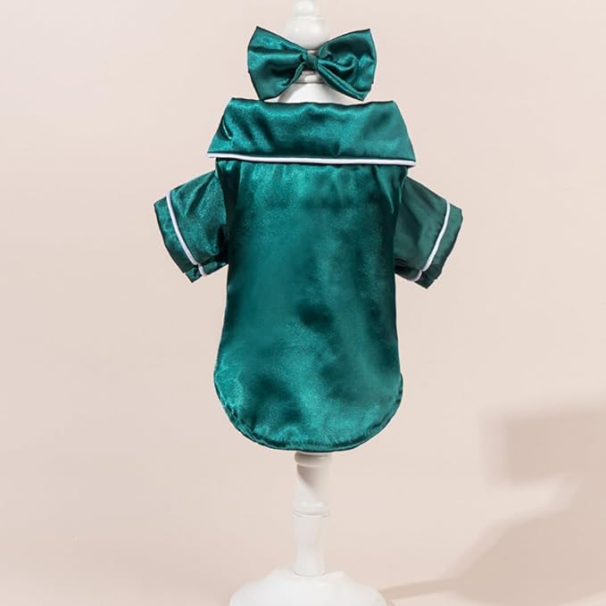 Cat Puppy Costume Elegant Satin Pajamas with Bow Headband 2PCs Set Pet Sleepwear Cute Pet Outfit Cosplay Partywear Photoshoots (Green Set,X-Large)