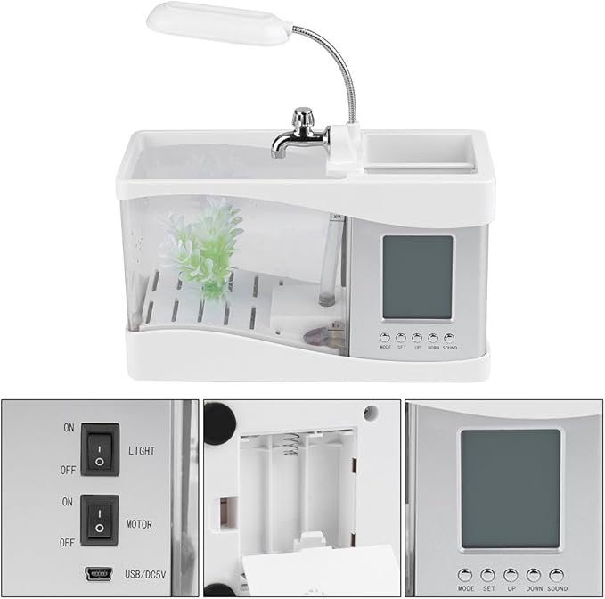 Small Divided Fish Multifunctional USB Rechargeable Mini Fish Aquarium with Clock Function LED Light(White)