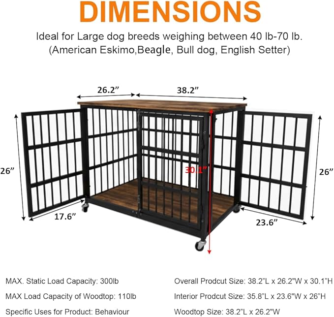 38" Dog Crate Furniture, Heavy Duty Dog Kennel Indoor for Large Dogs, Escape-Proof and Chew-Proof Wooden Dog Cage for high Anxiety Dog, Decorate House as TV Stand, End Table
