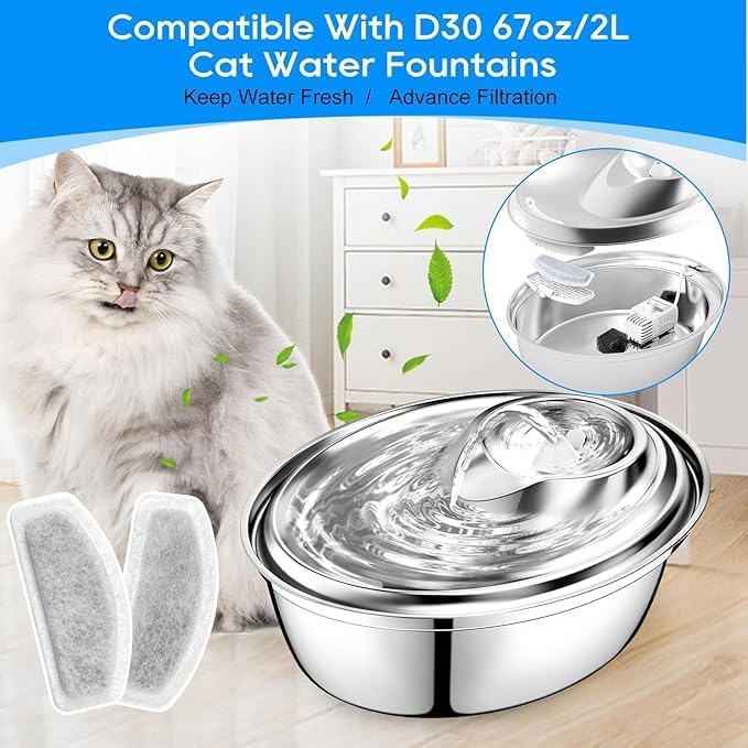 Cat Water Fountain Filter Replacement, 6 Pack Cat Fountain Filters & 3 Pack Replacement Pre-Filter Sponges for D30 Automatic Cat Fountain, Compatible with ORSDA D30 67oz/2L Pet Water Fountains