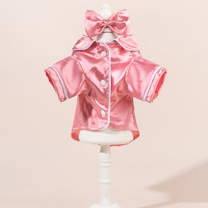 Cat Puppy Costume Elegant Satin Pajamas with Bow Headband 2PCs Set Pet Sleepwear Cute Pet Outfit Cosplay Partywear Photoshoots (Pink Set,X-Small)