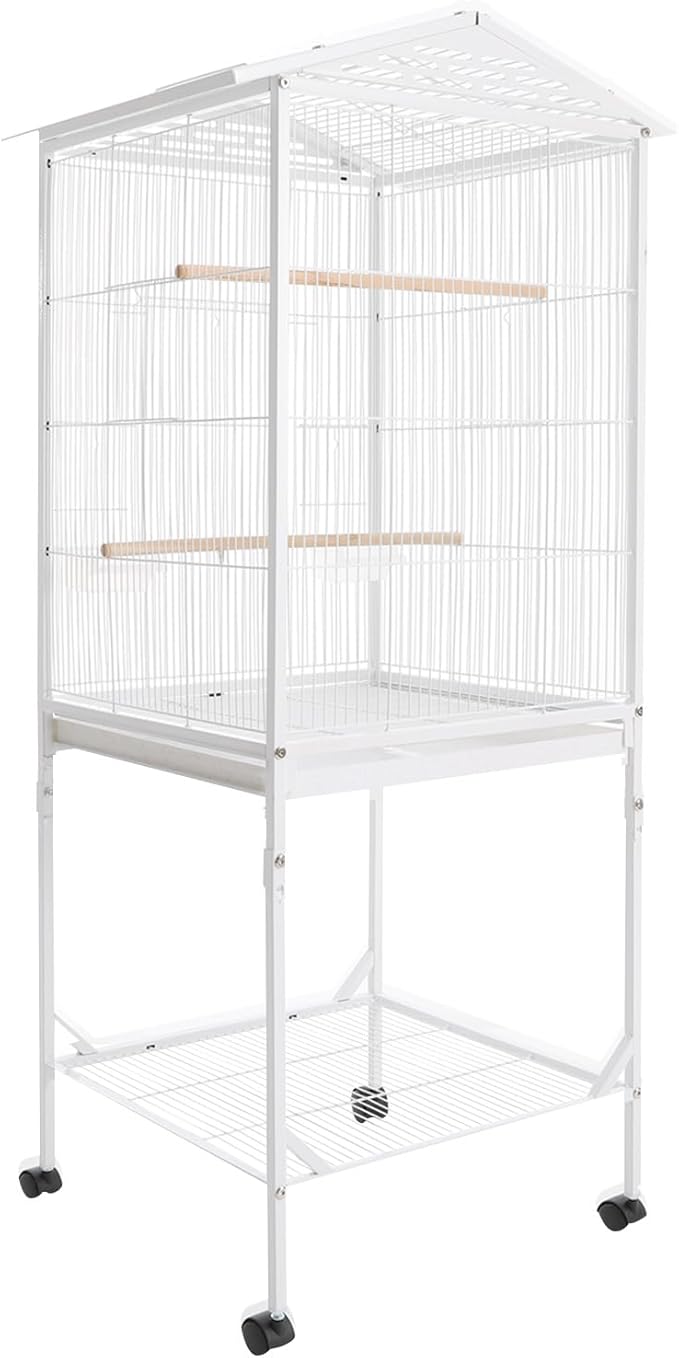 18x18x49 in Iron Flight Bird Cage, Freestanding Parakeet Bird Cage, Pigeons Parrot Birdcage, Large Parakeets Cage with 4 Universal Wheels, 3 Wooden Stands, 2* Feeding Cups and Slide-Out Tray (White)
