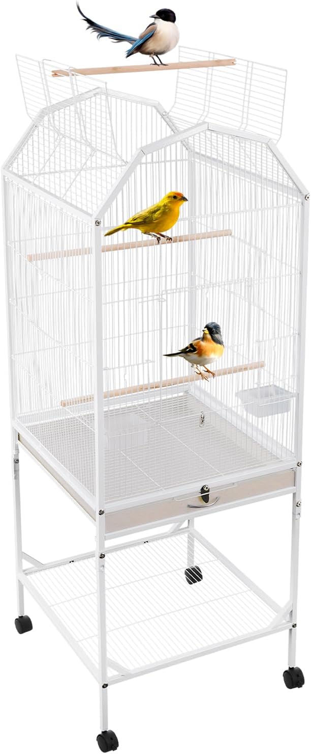 Bird Cage, Open Top and Rolling Stand Medium Small Bird Cage, Bird Cages with Universal Wheels for Parrots, Budgerigars, Parakeets, Cockatiels, Lovebirds, 18 x 18 x 53.9 Inch (White)