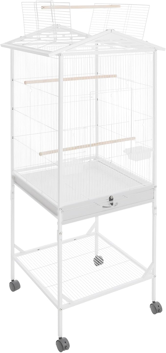 Large Bird Cage with Stand & Wheels, Freestanding Parakeet Birdcage with Wooden Stands & Feeding Cups, 49.2 Inch Bird Flight Cages for Parrot Canaries Cockatiels Budgie Parrotlet (White-C)