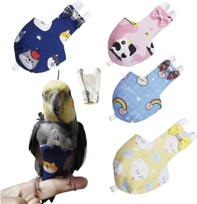 Bird Diaper Protective Parrot Nappy - 4 Pack, Reusable Flight Suit with Waterproof Inner Layer, Adjustable Shoulder Straps, Washable Cute Urine Wet Suit for Parakeet Conure (2XL)