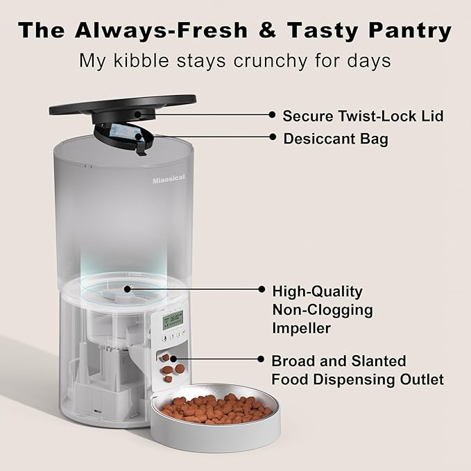 Automated Cat Feeder,Clear 4.2L Dry Food Dispenser with Single Bowl,Programmable Timed Pet Feeder for Up to 6 Daily Meals,10-Second Voice Message & Dual Power Backup (White, 4.2L Press Version)