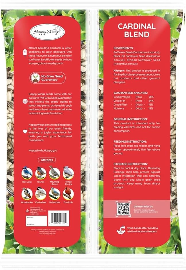 Happy Wings Cardinal Blend Bird Food, Mix of Sunflower and Safflower Seed, 5 Pounds | No Grow Seed | Bird Food for Wild Birds