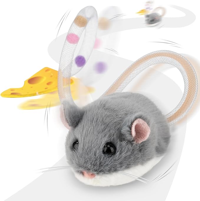 Migipaws Interactive MigiMouse Cat Toy 360° Rolling & Spin with Wiggling Tail for Indoor Cats Smart Motion Sensor, Realistic Squeak, Rechargeable Plush Kitten Toy(Grey)