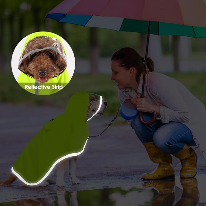 Lukovee Dog Raincoat, Adjustable Dog Rain Jacket with Clear Hooded Double Layer for Large Medium Small Dogs Puppies, Waterproof Rain Coat Poncho with Reflective Storage Pocket & Rim (Green, XS)