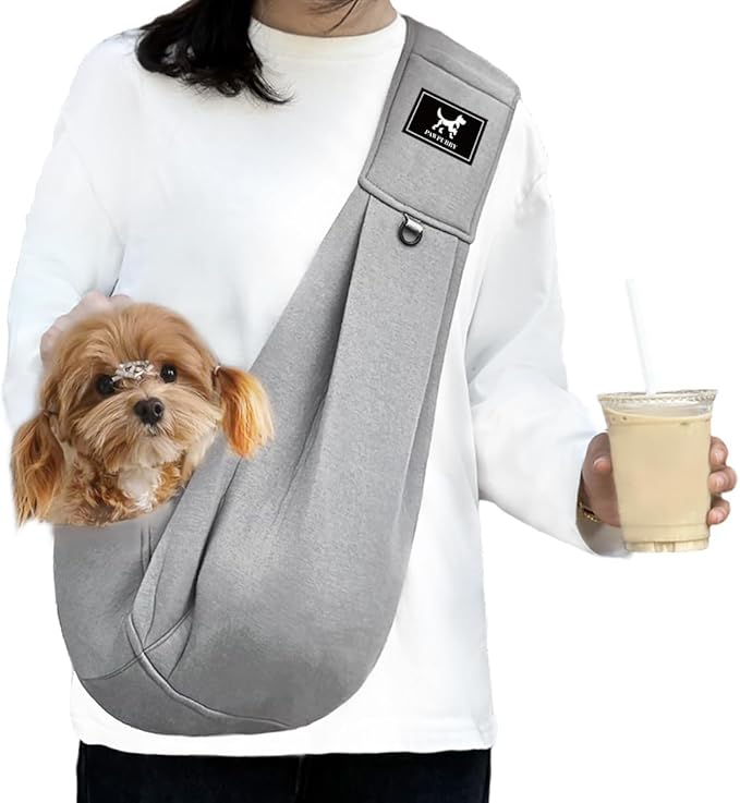 Dog Sling Carrier for Small Dogs Cats up to 15 lbs - Hands Free Puppy Carrier Bag (Plus Size L) - Ergonomic Padded Shoulder Strap & Safety Hook Based on Owner's Bust Length, Light Gray