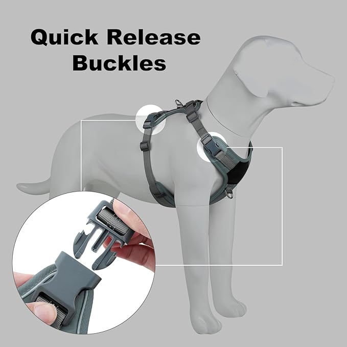 Plutus Pet No Pull Dog Harness, Release at Neck, Soft Padded, Reflective Adjustable Dog Vest Harness for Small, Medium, Large Dogs(Gray, L)