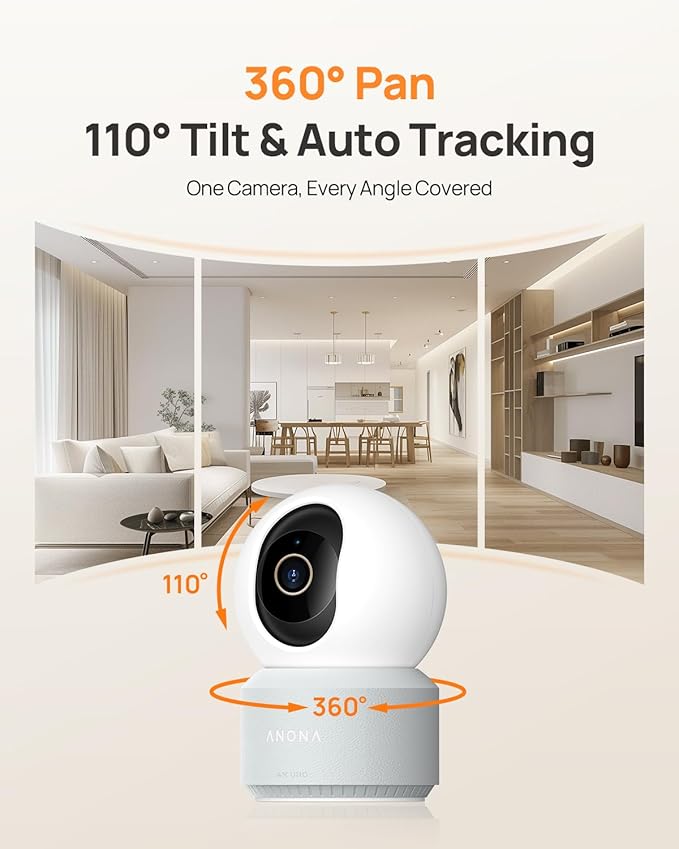 Anona Pano 4K UHD Indoor Camera, Pet/Dog/Baby Security Camera with Phone App, 360° Pan-Tilt, 2.4G/5G Dual-Band Wi-Fi 6, Auto-Tracking, Person/Pet/Baby Crying Detection, Privacy Mode, Two-Way Audio