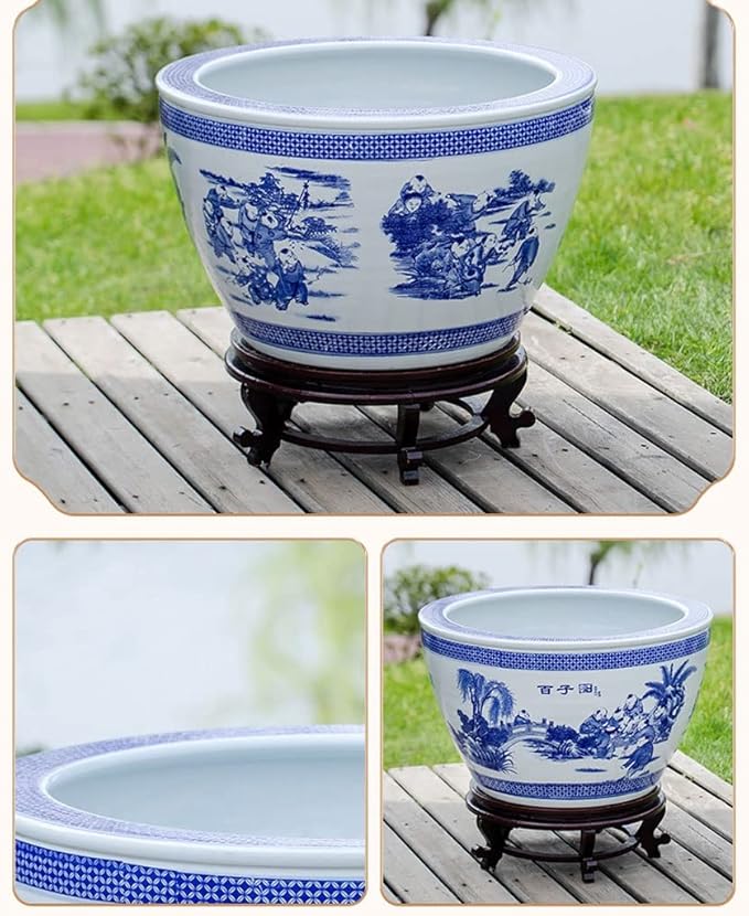 Fish Tabk Chinese Style Blue and White Ceramic Goldfish Bowl Fish Tank Balcony Fish Culture Tank Courtyard Lotus Tank Turtle Tank Aquarium Starter Kits Cool Fish Tank(Color:C,Size:42cm)