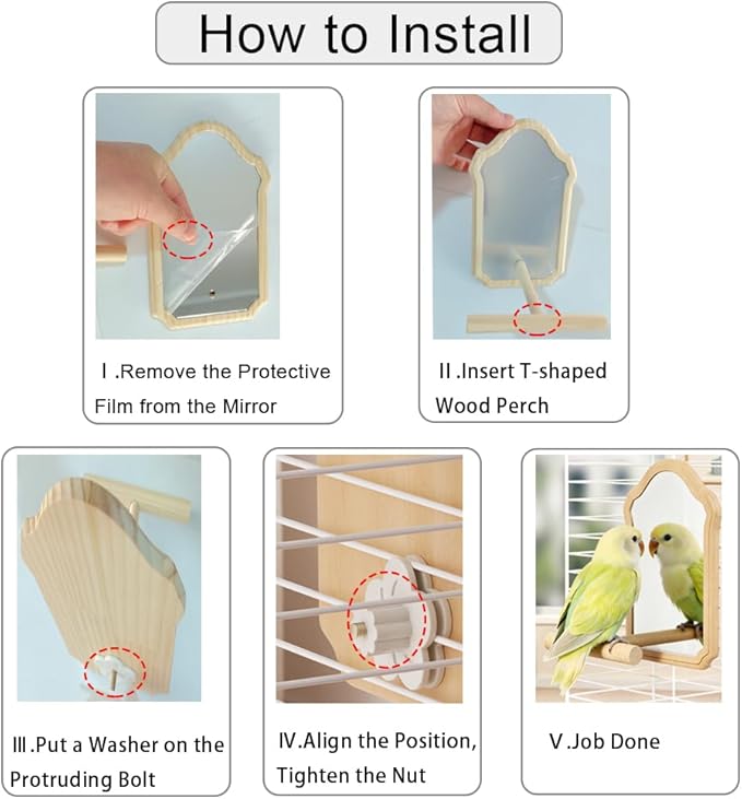 Mirror with Perch for Parrots, Wooden Standing Bird Mirror Toy Chewing Perch with Reflective Mirror for Cockatiel, Lovebird, Parakeet, Bird Cage Accessories ﻿ (Small Mirror 15cm)