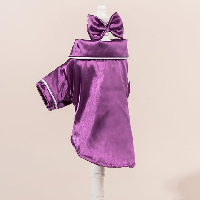 Cat Puppy Costume Elegant Satin Pajamas with Bow Headband 2PCs Set Pet Sleepwear Cute Pet Outfit Cosplay Partywear Photoshoots (Purple Set,Large)