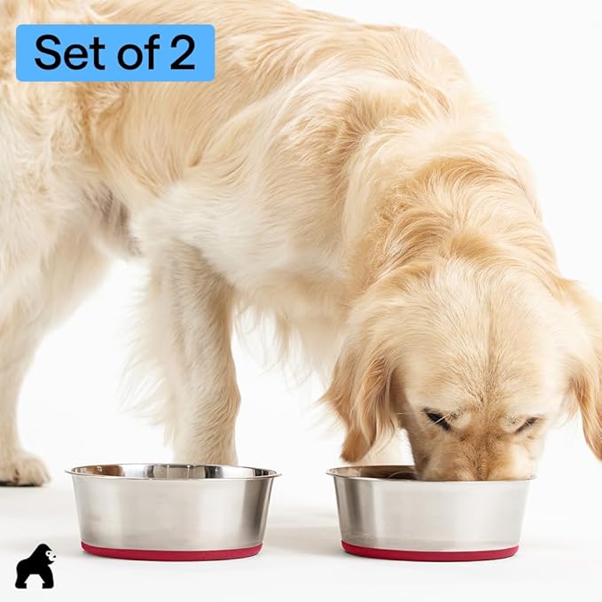 GORILLA GRIP Dog Bowls, Holds 2 Cups Each (16 fl oz), Heavy Duty Stainless Steel Food and Water Bowl for Feeding Dogs and Cats, Dishwasher Safe, Rust Resistant, BPA Free Rubber Base, Set of 2 Red
