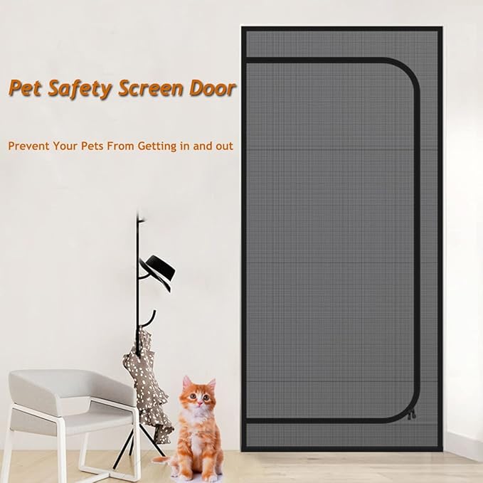 DOOREASY Cat Screen Door, Upgraded Pet Door Mesh Screen Prevent Cats Dogs from Running Out, Cat Resistant Screen Door with Zipper Closure, Easy Install (Fits Doors Up to 36"x96")