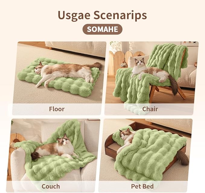 Self-Warming Cat Blanket, Dual-Side Plush Sherpa Throw with Anti-Static, Snuggle Mat for Kittens & Cats, Cozy Bed Topper for Windowsills & Couches, Machine Washable & Dryable, 21x18 Inch Green