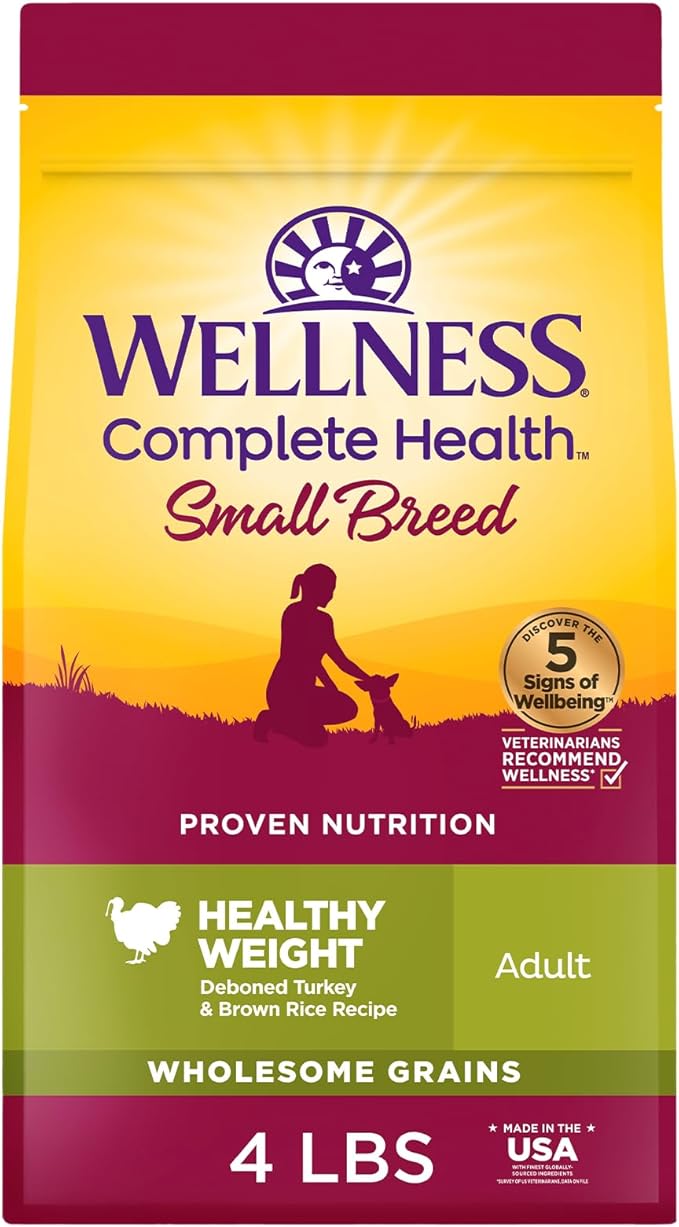 Wellness Complete Health Dry Dog Food, Small Breed, Wholesome Grains, Natural, Healthy Weight Turkey & Brown Rice Recipe, (4-Pound Bag)