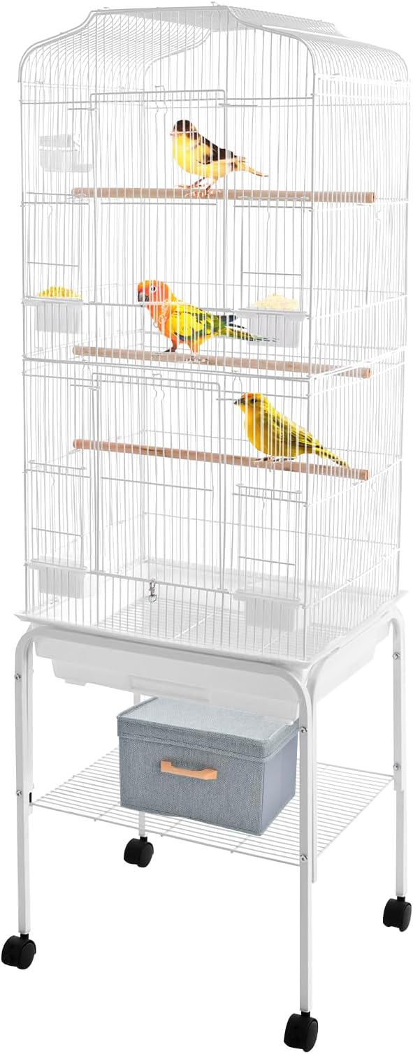 Large Bird Cage with Wheels, Budgie Cage with Bottom Storage Shelf, 54in Tall Bird Cages for Parakeets, Parrot, Cockatiel, Pull-Out Tray&Mesh Bottom (White)