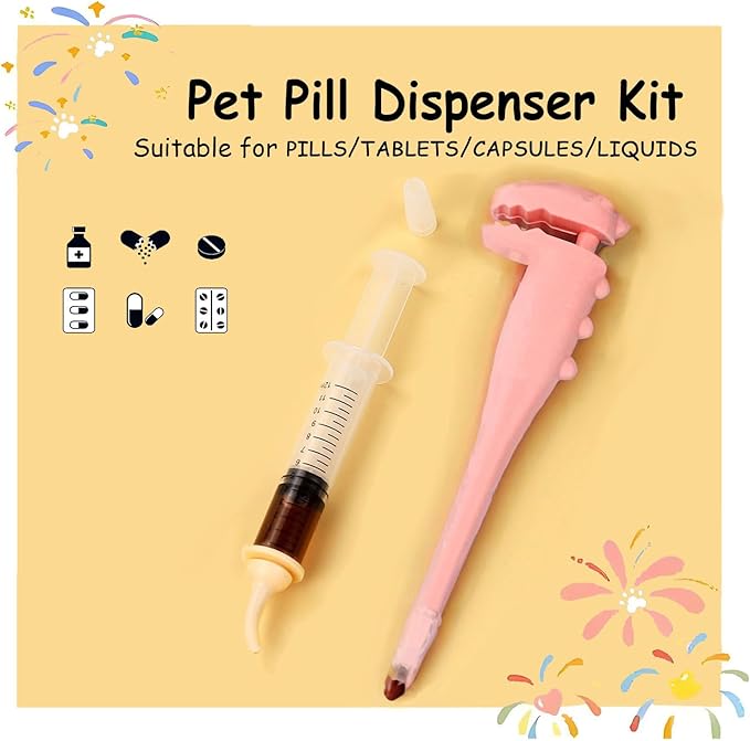 Pet Pill Dispenser, Pet Piller Gun Oral Tablet Capsule,Silicone Syringes for Cats, Dogs and Small Animals (Pink-Pusher+Syringe)