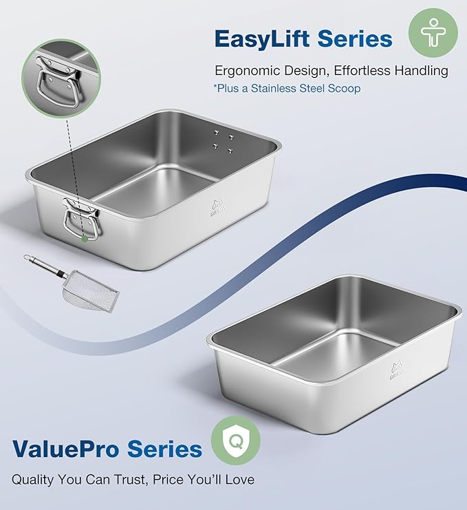 Stainless Steel Cat Litter Box, Metal Kitty Litter Box for Small Cats, Non-Stick, Easy to Clean, Odor-Free, 15.6"×11.6"×3.9", Low Entry for Kittens, Rabbits & Small Breeds