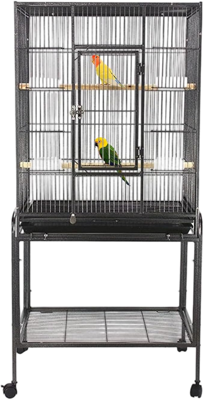 53 Inch Bird Cage with Wooden Perches, Standing Wrought Iron Birdcage Large Parrot Flight Bird Cage with Rolling Stand Birdcages for Cockatiels African Grey Quaker Lovebird Canary Budgie Finch Black