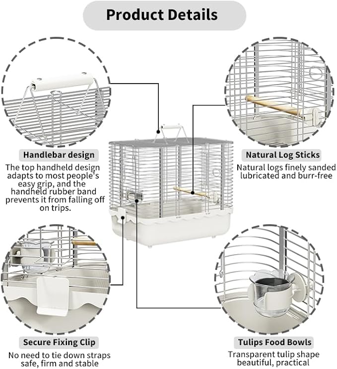 Bird Carrier Travel Cage, Durable Portable Stainless Steel Birdcage with Bird Perch & Feeding Bowl for Parrots Canaries Budgies Lovebirds Conures Cockatiels (Small White)