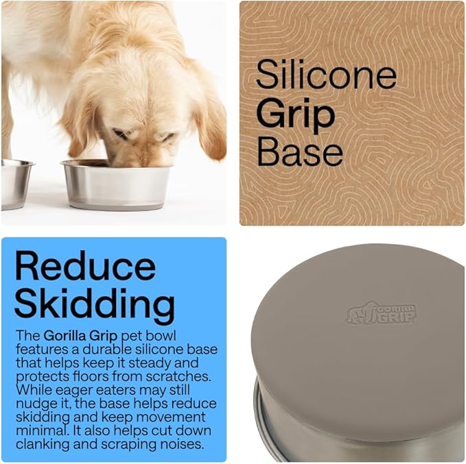 GORILLA GRIP Dog Bowls, Heavy Duty 304 Stainless Steel, Holds 2 Cups Each (16 fl oz) Food and Water Bowl for Feeding Dogs and Cats, Dishwasher Safe, Rust Resistant, BPA Free Rubber Base Set of 2 Beige