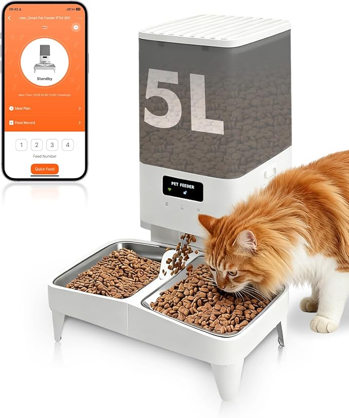 Automatic Cat Feeder for 2 Cats, 2.4G WiFi Timed Cat Feeder with APP Control, 20Cups/5L Automatic Food Dispenser, Dual Stainless Steel Bowls, 1-10 Meals/Day, Dual Power & Detachable for Easy Clean