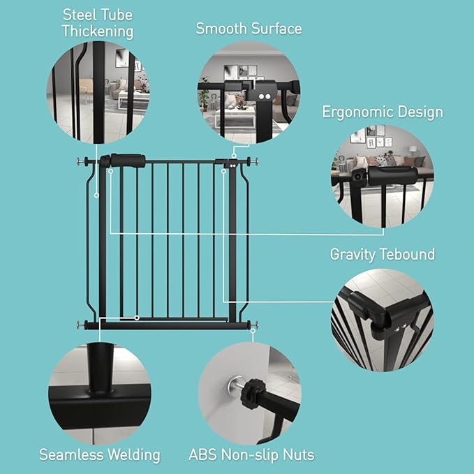 WAOWAO Baby Gate 29.13-33.86" Extra Wide Pressure Mounted Walk Through Swing Auto Close Safety Black Metal Toddler Kids Child Dog Pet Puppy for Stairs,Doorways,Kitchen