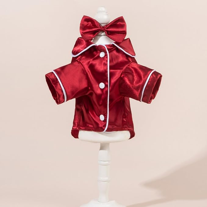 Cat Puppy Costume Elegant Satin Pajamas with Bow Headband 2PCs Set Pet Sleepwear Cute Pet Outfit Cosplay Partywear Photoshoots (red Set,X-Large)