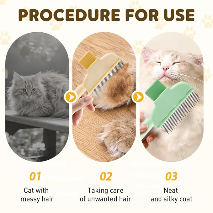 Self Cleaning Pet Hair Removal Comb, Pet Comb with Long Short Stainless Steel Metal Teeth, Cat Grooming Brush, Pet Grooming Supplies for Cat, dog (Yellow-1 pcs)