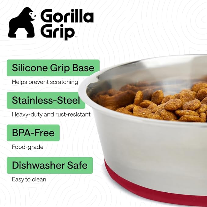 GORILLA GRIP Dog Bowls, Heavy Duty 304 Stainless Steel, Holds 6 Cups Each (48 fl oz) Food and Water Bowl for Feeding Dogs and Cats, Dishwasher Safe, Rust Resistant, BPA Free Rubber Base Set of 2 Red