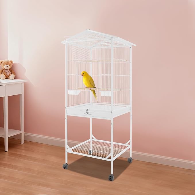 Large Bird Cage, Movable Pet Bird Flight Cages with Wheels 4 Feed Windows Slide-Out Tray, Panorama Bird Aviary 18.11x18.11x49.21in for Parrot, Parakeets, Budgerigars(White Style2)