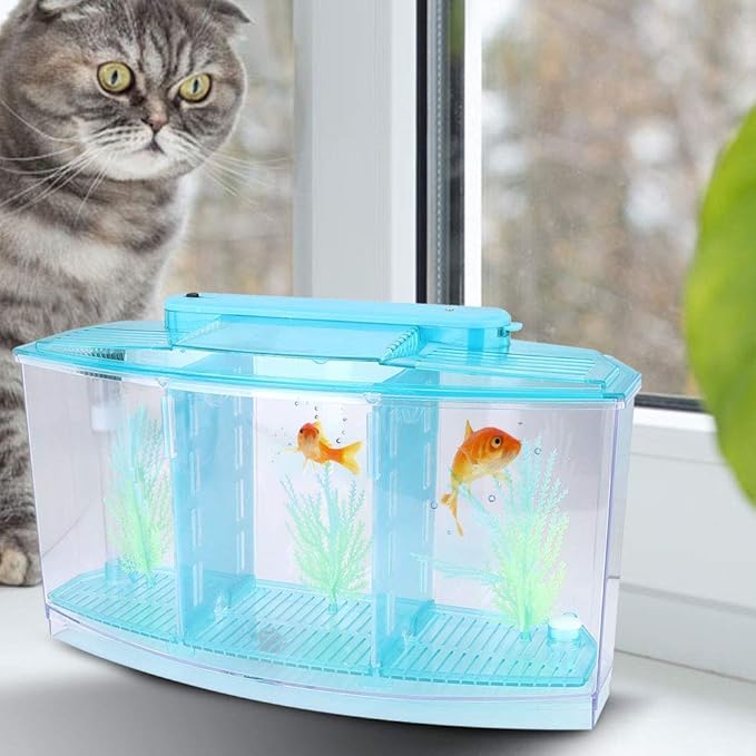HEEPDD Triple Chamber Fish Breeder Box for Aquarium, Transparent Acrylic Small Fishes Breeding Isolation Box with Six LED Lights and Water Change Valve Breeder for Fish Tank (Blue)