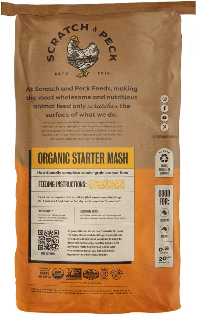 Scratch and Peck Feeds Whole Grain Starter Mash Chicken and Duck Feed - 25 lbs Bag - Corn-Free and Soy-Free - 20.5% Protein, Certified Organic and Non-GMO Project Verified Chicken Food
