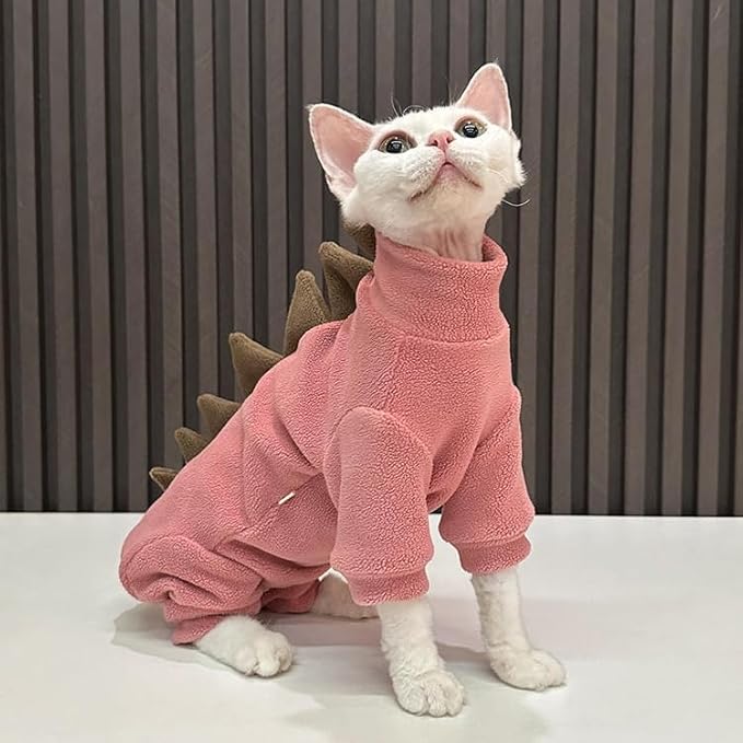 Sphynx cat Clothes, Dinosaur Costume, Hairless Cats Warm Clothes for Cornish Rex and Devon Rex (Red, L(5.5-8lbs))