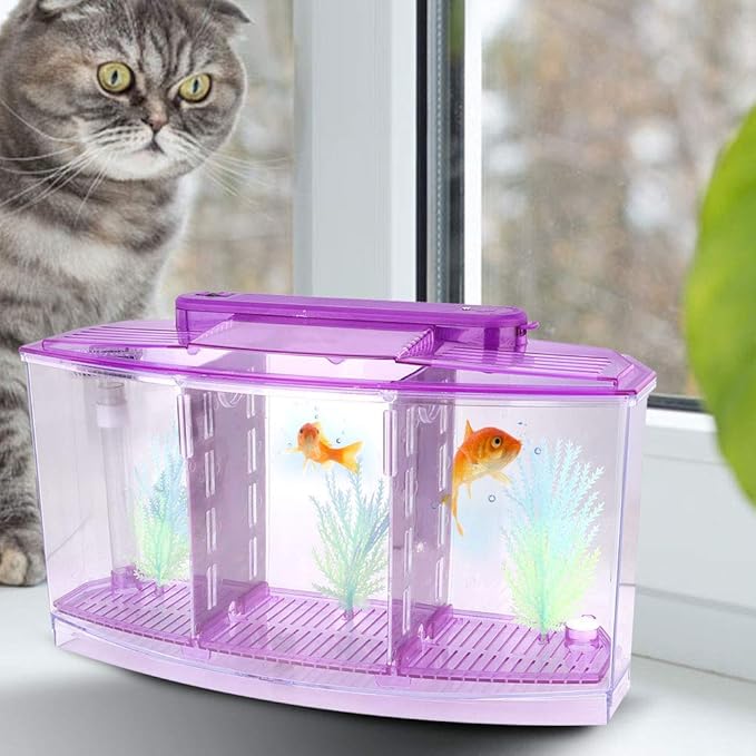 Aquarium Fish Led Light Kid Friendly Small Fish Three Divisions Breeding Isolation Mini Aquarium komplettset LED Acrylic Box Betta for Small Fishes()