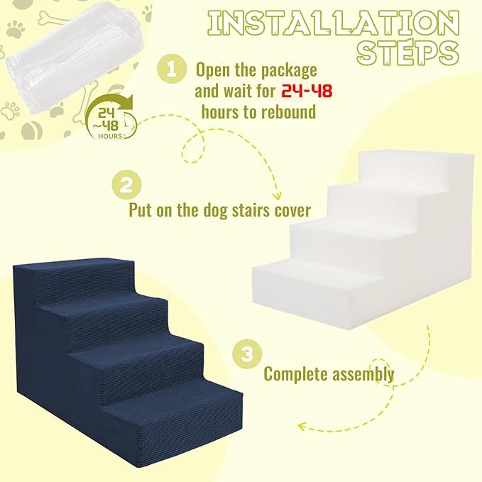 Niubya Dog Stairs for Small Dogs and Cats,18'H Non-Slip Bottom Pet Steps for High Beds and Couch,High-Density Foam Pet Stairs Navy,4 Steps