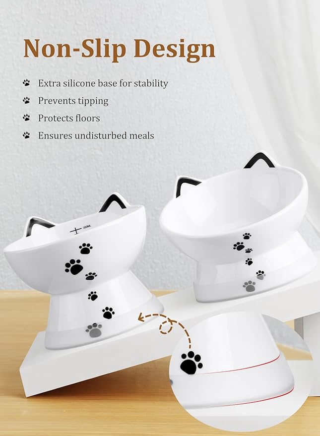 Yedio Porcelain Raised Cat Bowl, Tilted Cat Food Bowl with Anti Slip Band, Stress Free, Elevated Porcelain Pet Bowl Protect Pet's Spine, Backflow Prevention, Dishwasher Safe, White