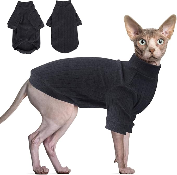 Idepet Sphynx Hairless Cats Sweater Shirt Kitten Soft Puppy Clothes Pullover Cute Cat Pajamas Jumpsuit Cotton Apparel Pet Winter Turtleneck for Cats and Teacup Chihuahua Small Dogs(Black,XXL)