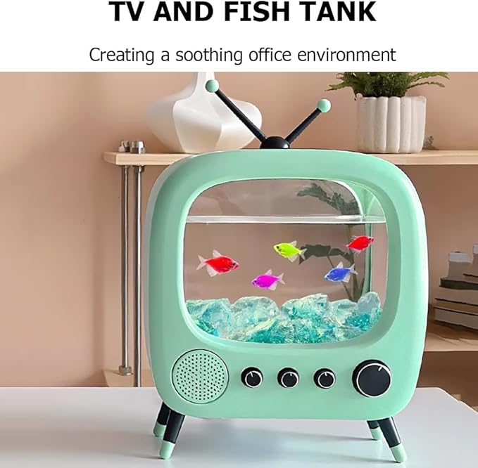 Fish Tank Mini Aquarium,Realistic TV Styling,Small Betta Fish Tank Starter Kit,Desktop Fish Bowl for Desk Display with Lights,Helping Cats Fight Depression,Yellow a