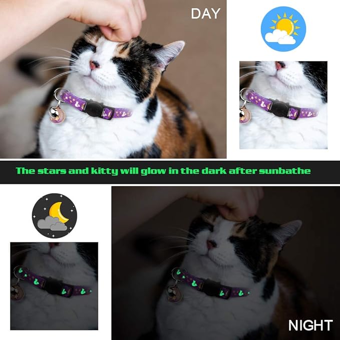 2PCS Breakaway Cat Collars with Bell Cute Kitty Glow in The Dark Adjustable Kitten Collars 7.9-13.0 Inch(Black&Pink)