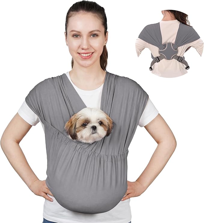 Supet Dog Sling Carrier for Small Pets, Hands Free Cat Sling, Reducing Back Neck Pain Anti-Anxiety Puppy Front, Adjustable Soft Dog Carrying (Grey, Regular)